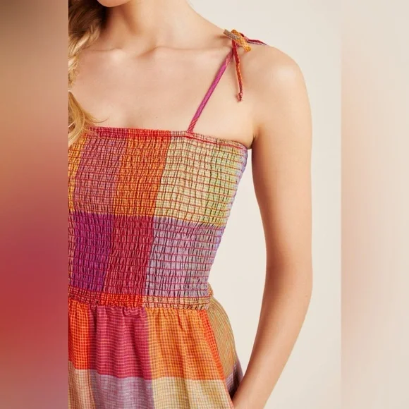 Anthropologie DRA Rainbow Plaid Madras Sierra Smocked Linen Sleeveless Jumpsuit - Picture 3 of 6